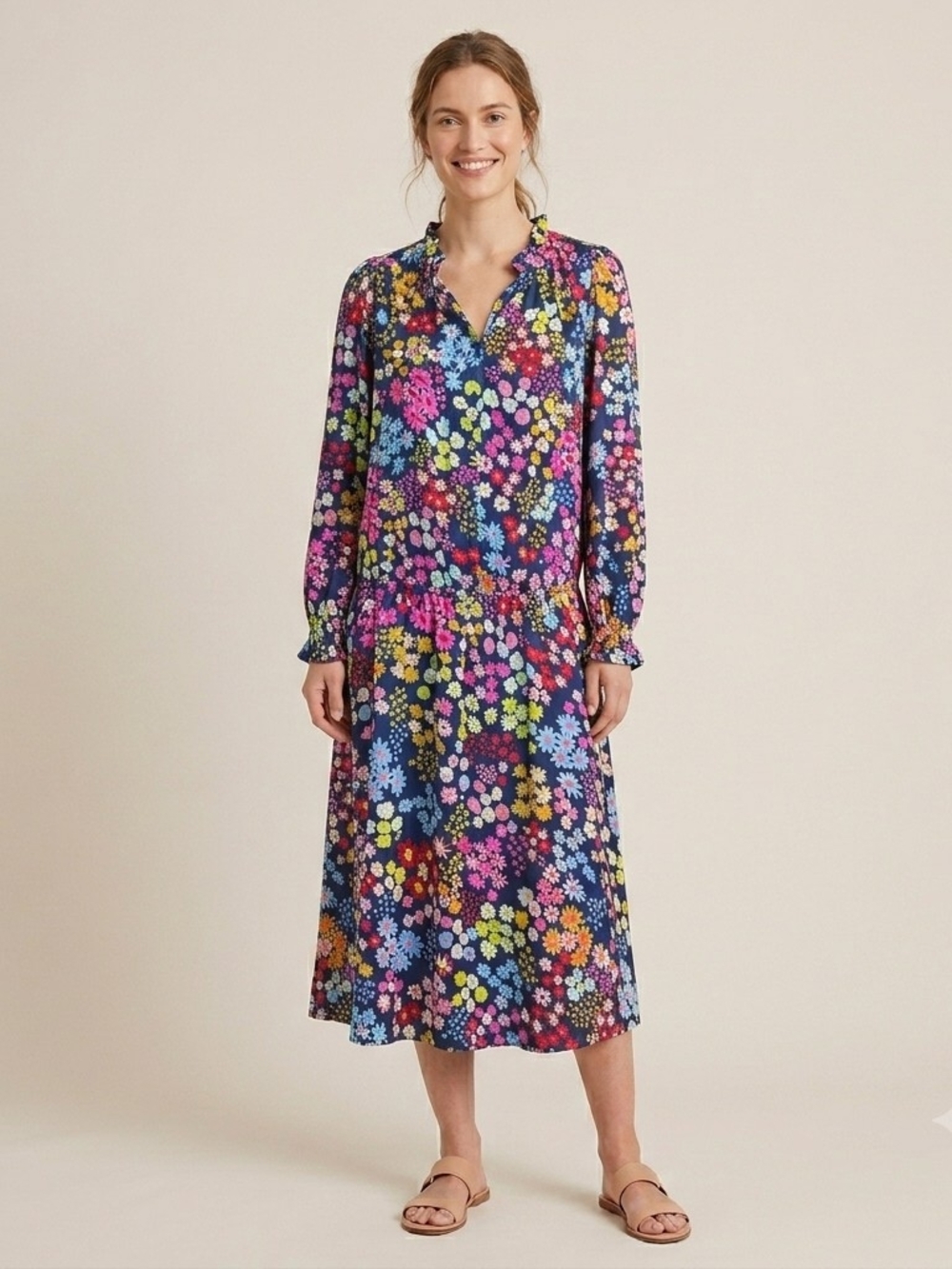 Talbots Navy Floral Long-Sleeve Midi Dress Size Large Petite